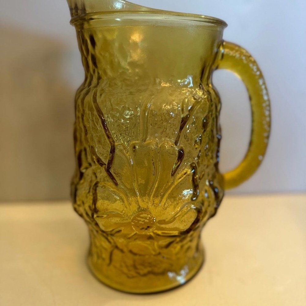 Vintage Anchor Hocking Rain Flower Amber Pitcher